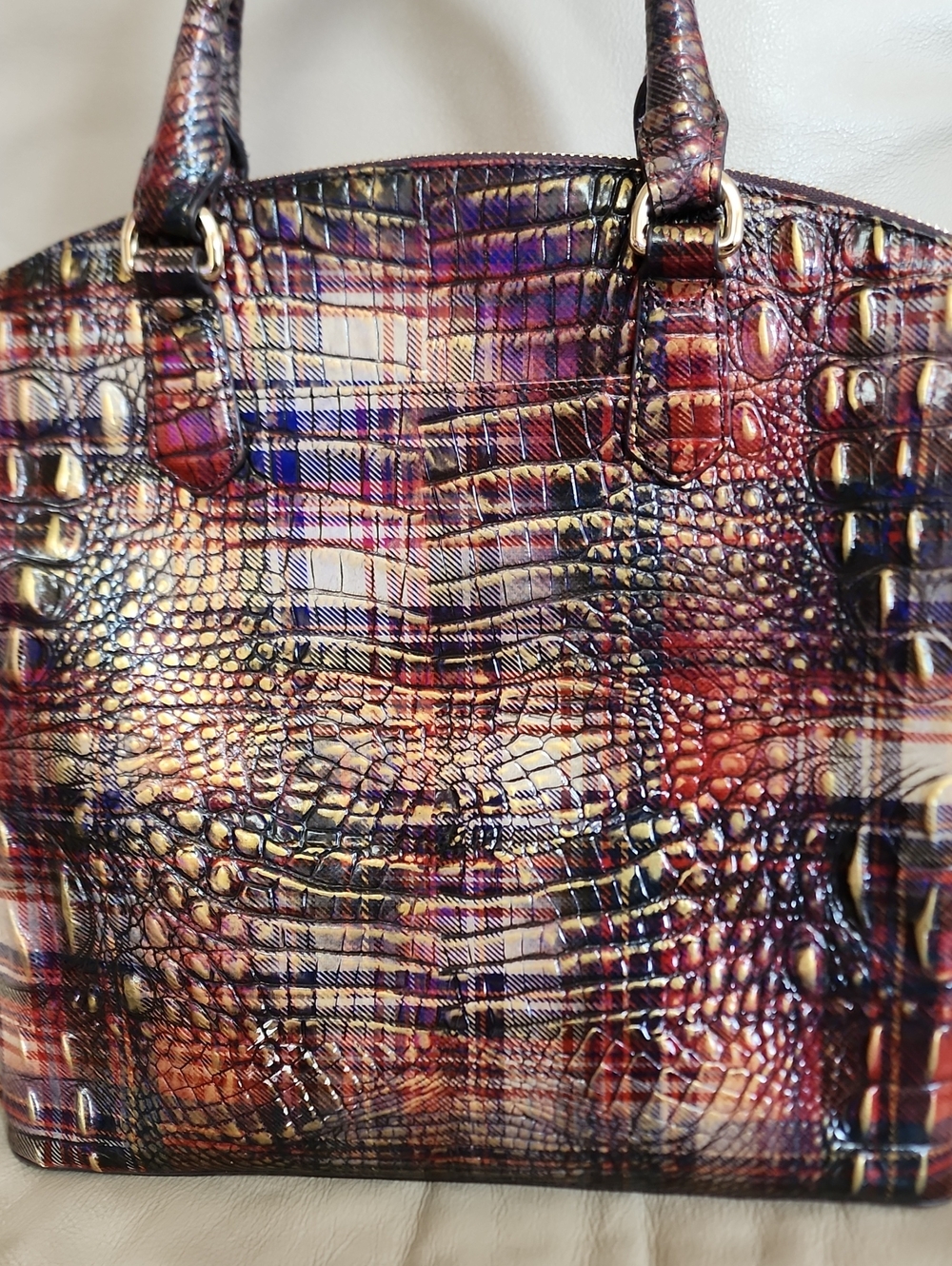 Brahmin Women's Multi-Color Plaid Croc-Embossed Satchel Preowned - Picture 7 of 12